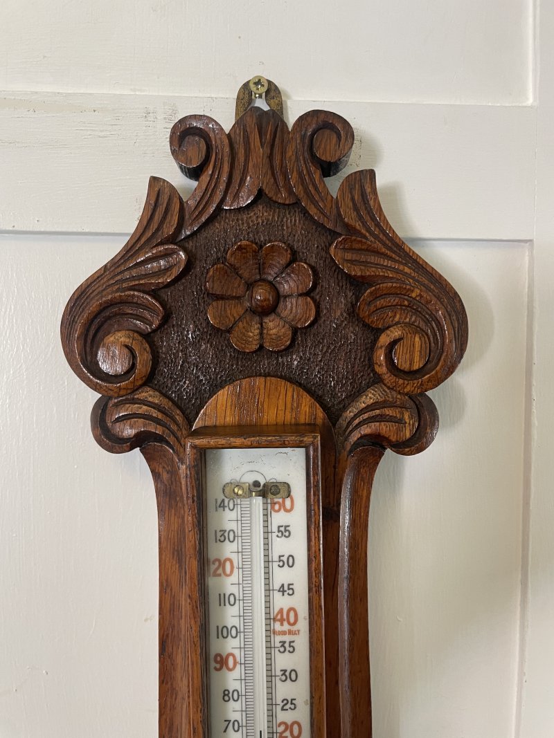 Antique Victorian Quality Carved Oak Banjo Barometer - Image 2